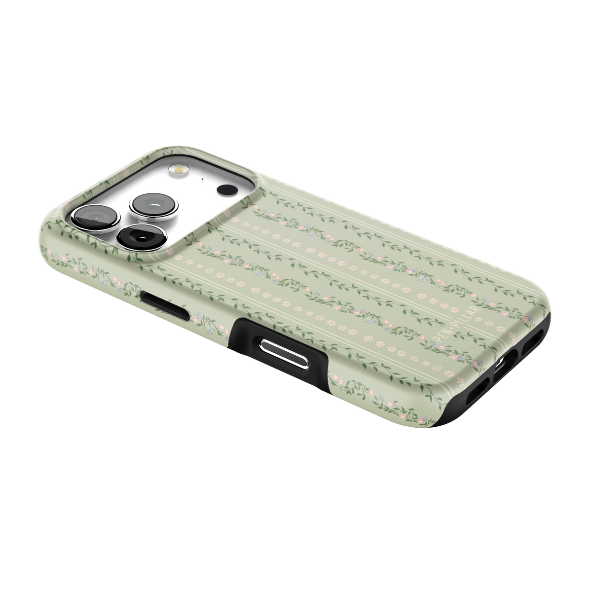 Camellia iPhone 17 Pro case lying at an angle, showing the side buttons and print wrapping the edges