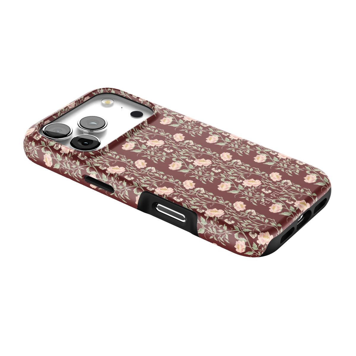 Thicket iPhone 17 Pro case lying at an angle, showing the side buttons and print wrapping the edges