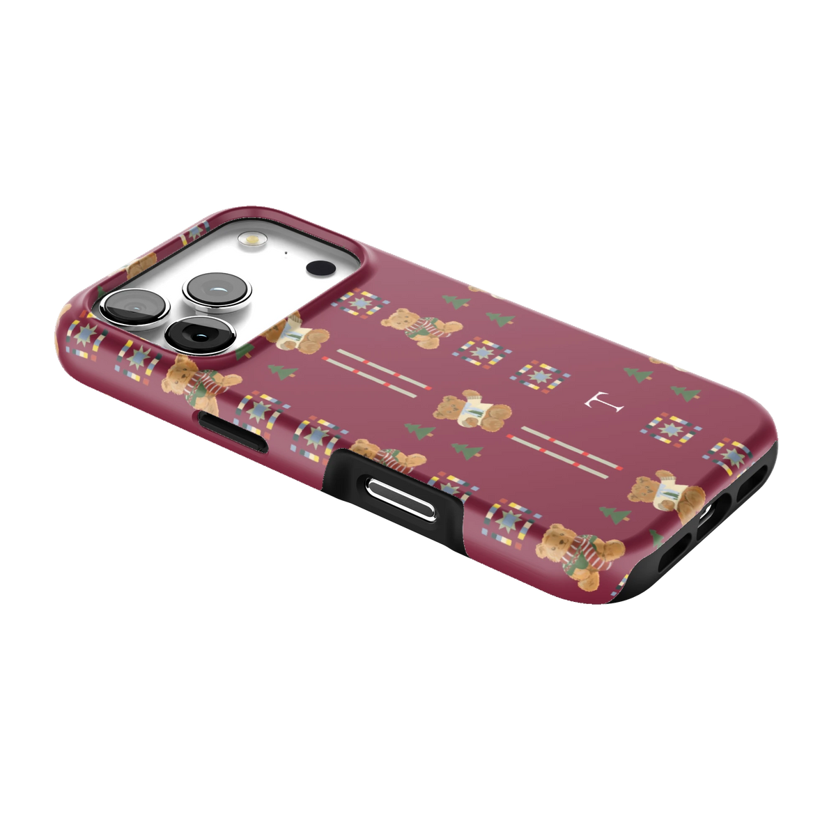 Teddy Personalized iPhone 17 Pro case lying at an angle, showing the side buttons and print wrapping the edges