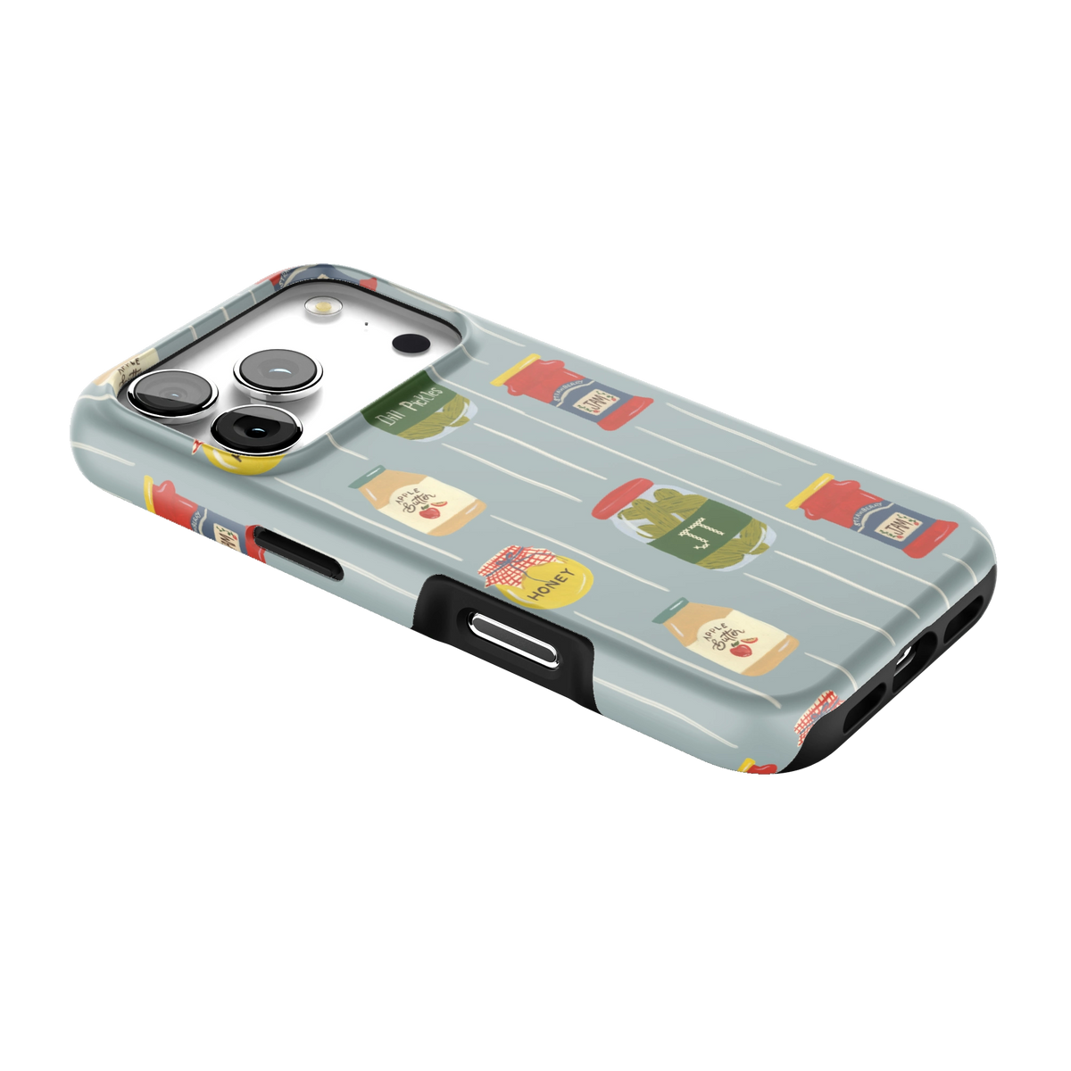 Preserves Personalized iPhone 17 Pro case lying at an angle, showing the side buttons and print wrapping the edges