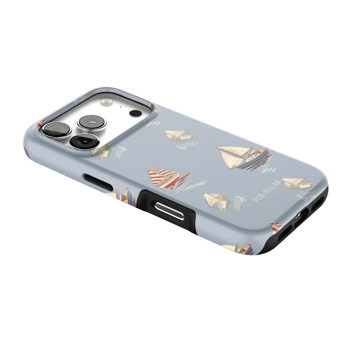Harbor iPhone 17 Pro case lying at an angle, showing the side buttons and print wrapping the edges