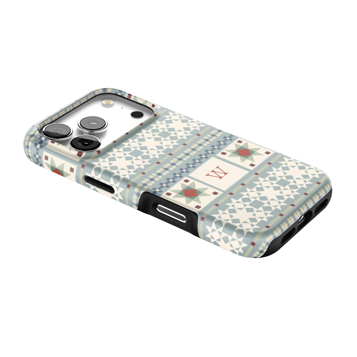 Winterberry Personalized iPhone 17 Pro case lying at an angle, showing the side buttons and print wrapping the edges