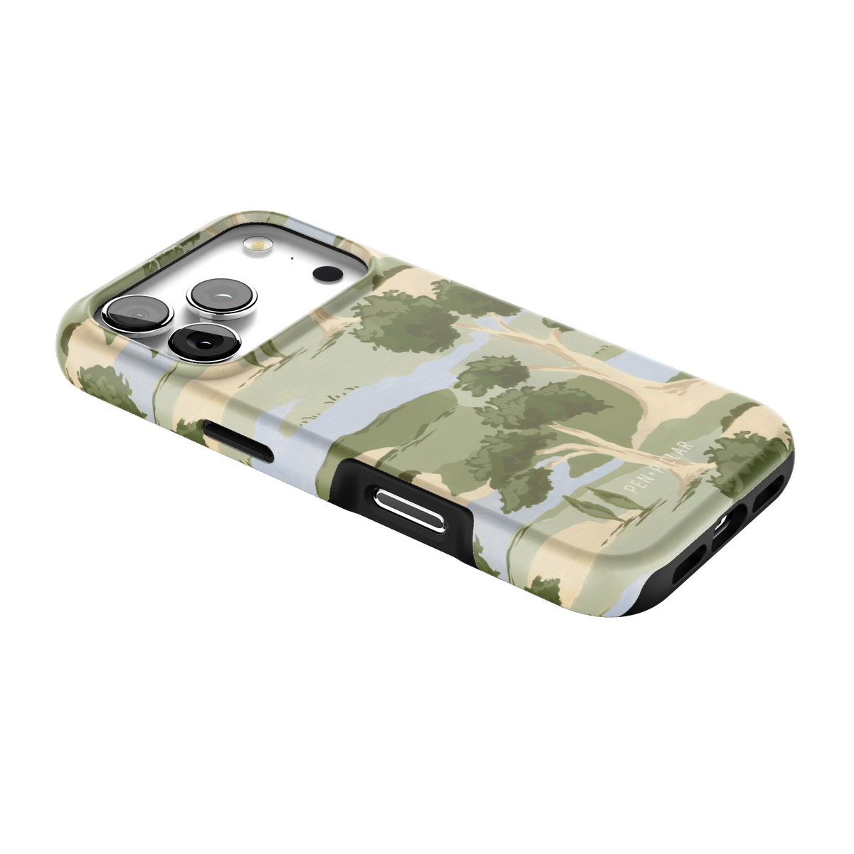 Orchard iPhone 17 Pro case lying at an angle, showing the side buttons and print wrapping the edges