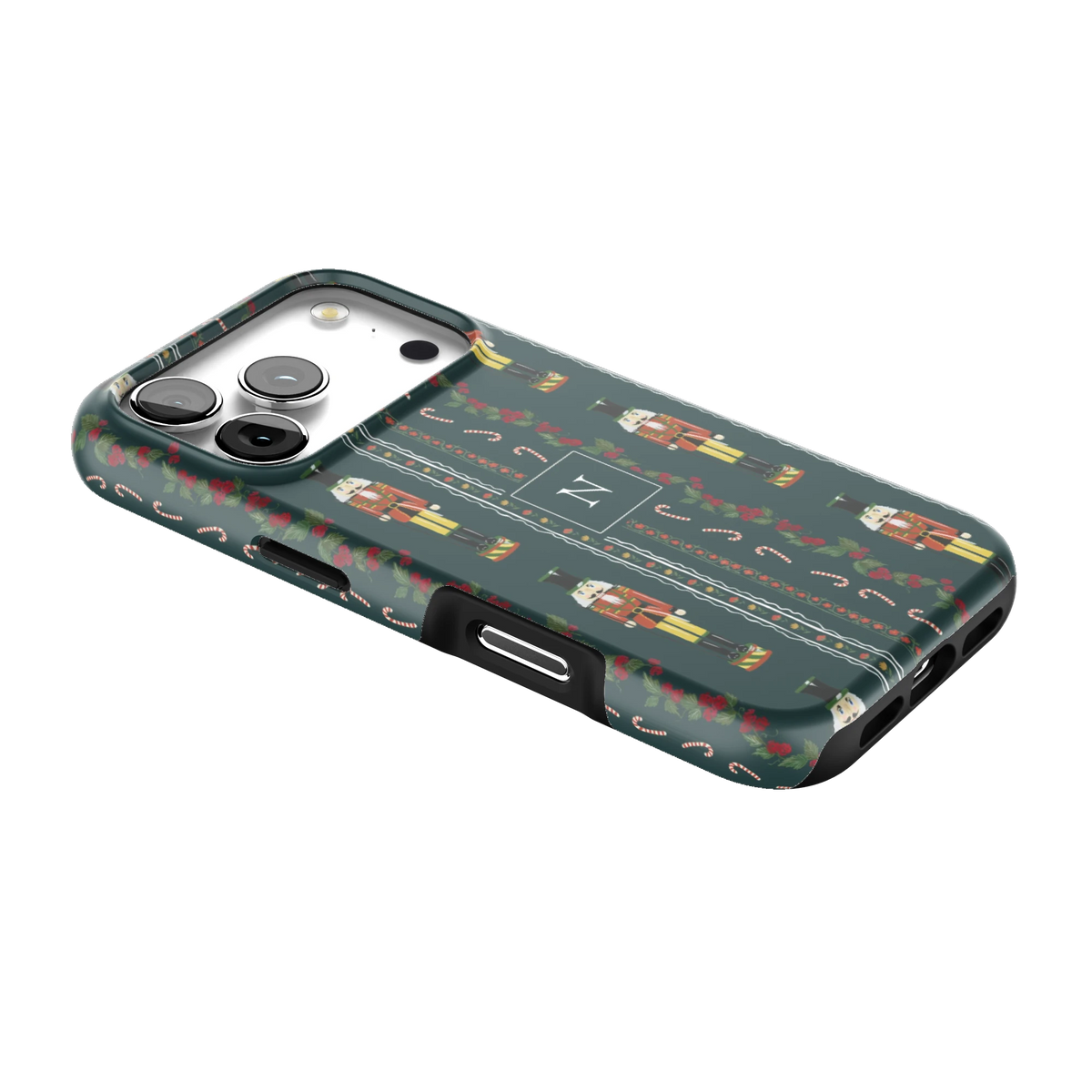 Nutcracker Personalized iPhone 17 Pro case lying at an angle, showing the side buttons and print wrapping the edges