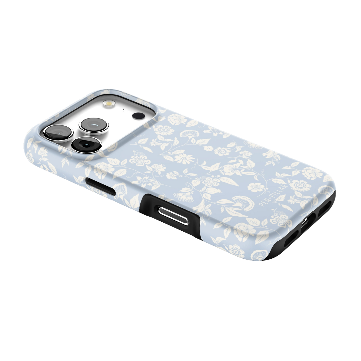 Spritz iPhone 17 Pro case lying at an angle, showing the side buttons and print wrapping the edges