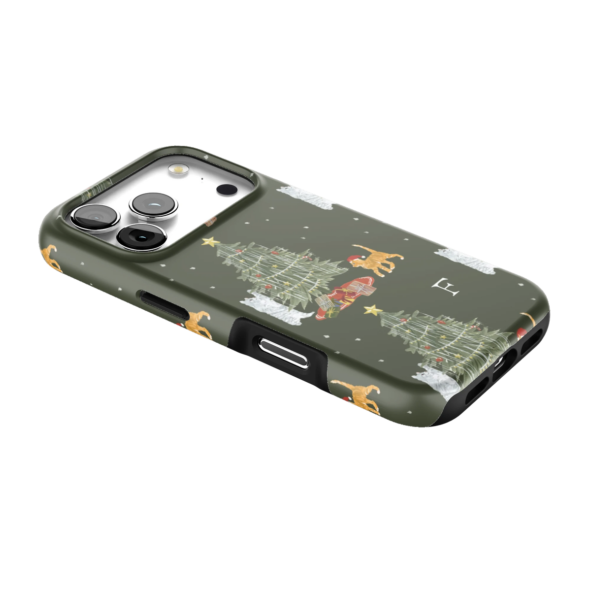 Festive Cats Personalized iPhone 17 Pro case lying at an angle, showing the side buttons and print wrapping the edges
