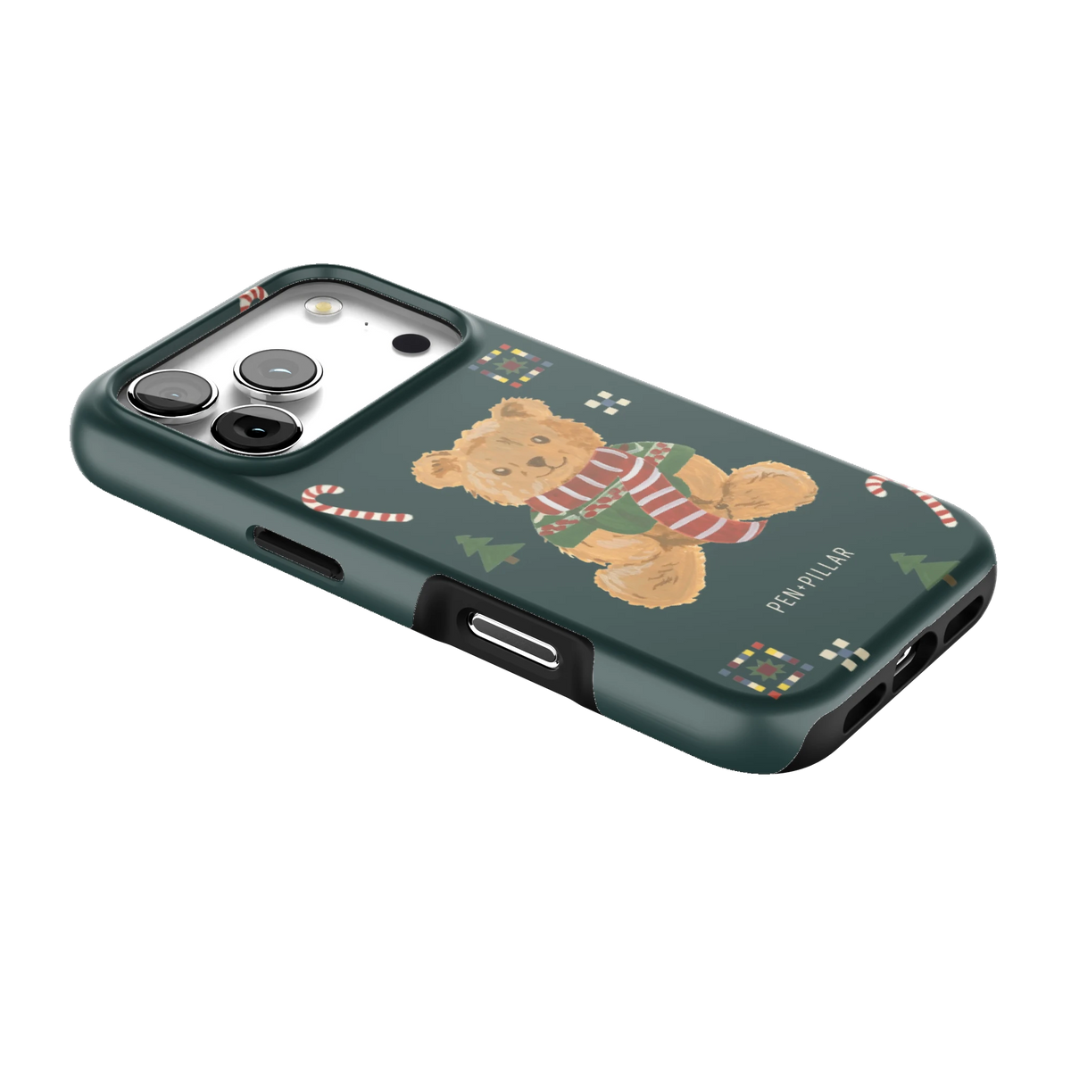 Teddy Bear iPhone 17 Pro case lying at an angle, showing the side buttons and print wrapping the edges