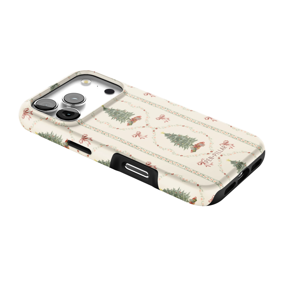 Yuletide iPhone 17 Pro case lying at an angle, showing the side buttons and print wrapping the edges
