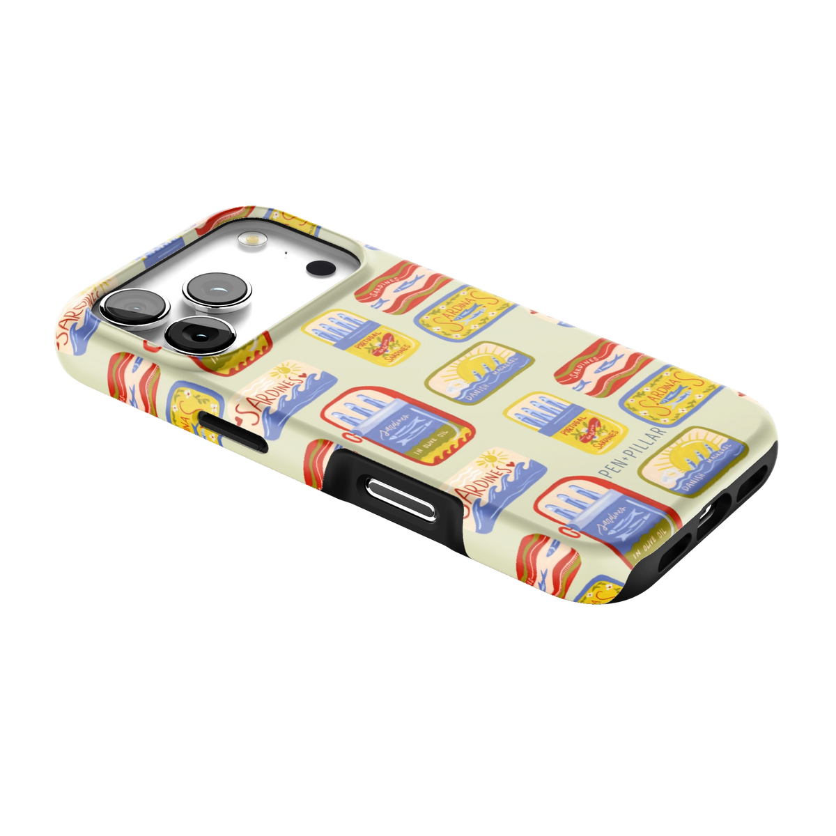 Sardines iPhone 17 Pro case lying at an angle, showing the side buttons and print wrapping the edges