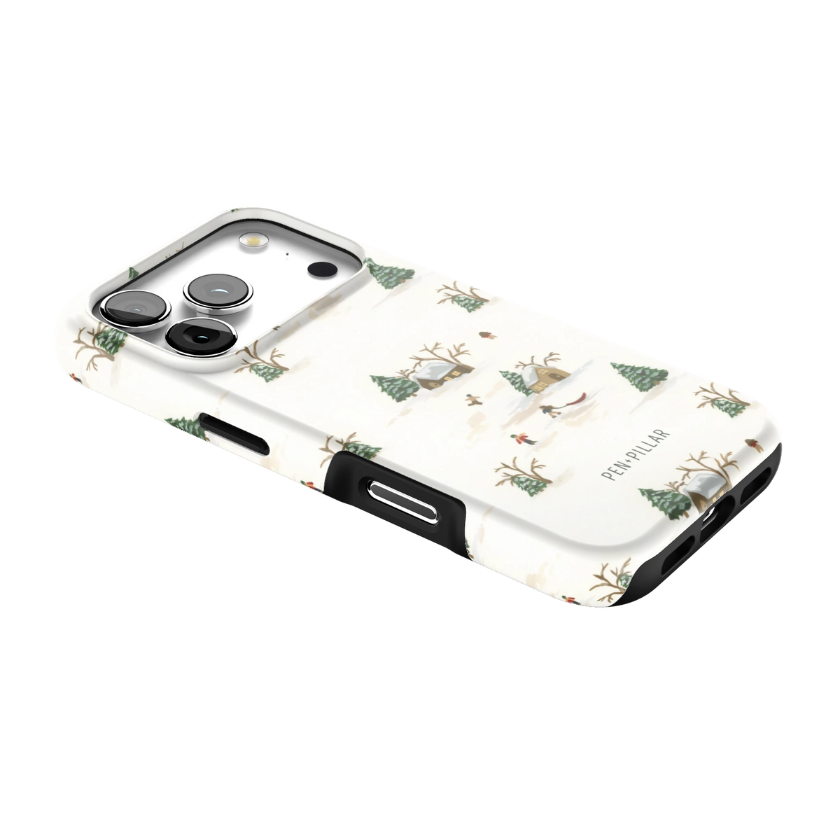 Winter Village iPhone 17 Pro case lying at an angle, showing the side buttons and print wrapping the edges