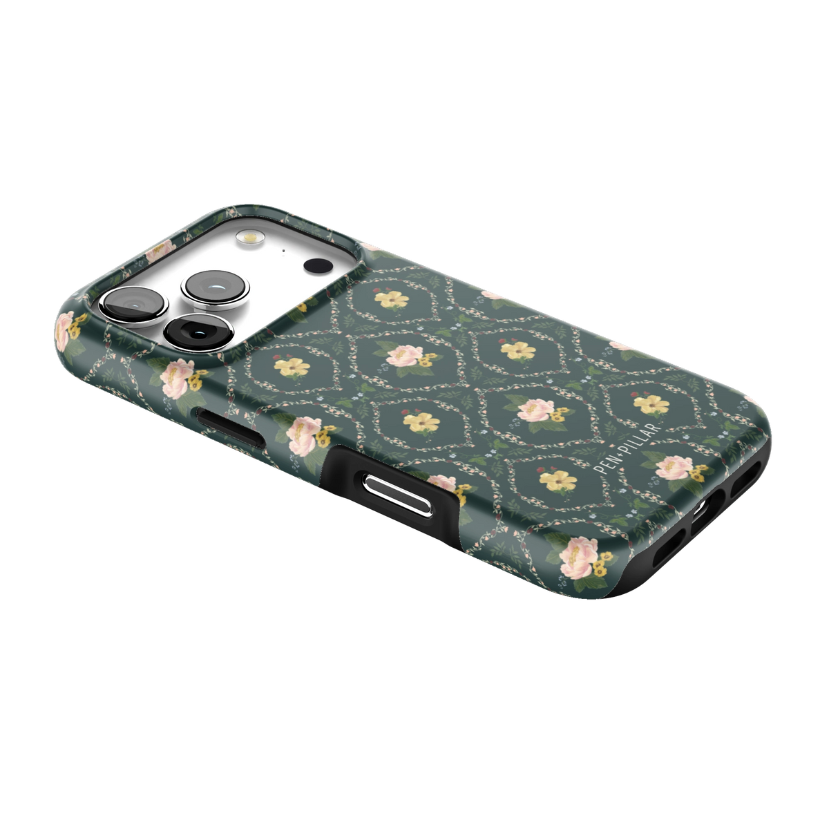 Meadow iPhone 17 Pro case lying at an angle, showing the side buttons and print wrapping the edges