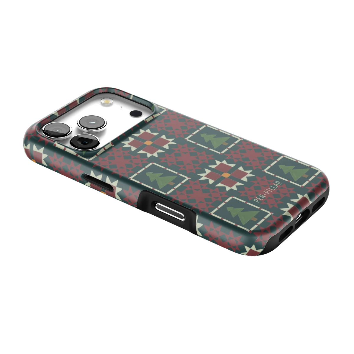 Evergreen iPhone 17 Pro case lying at an angle, showing the side buttons and print wrapping the edges