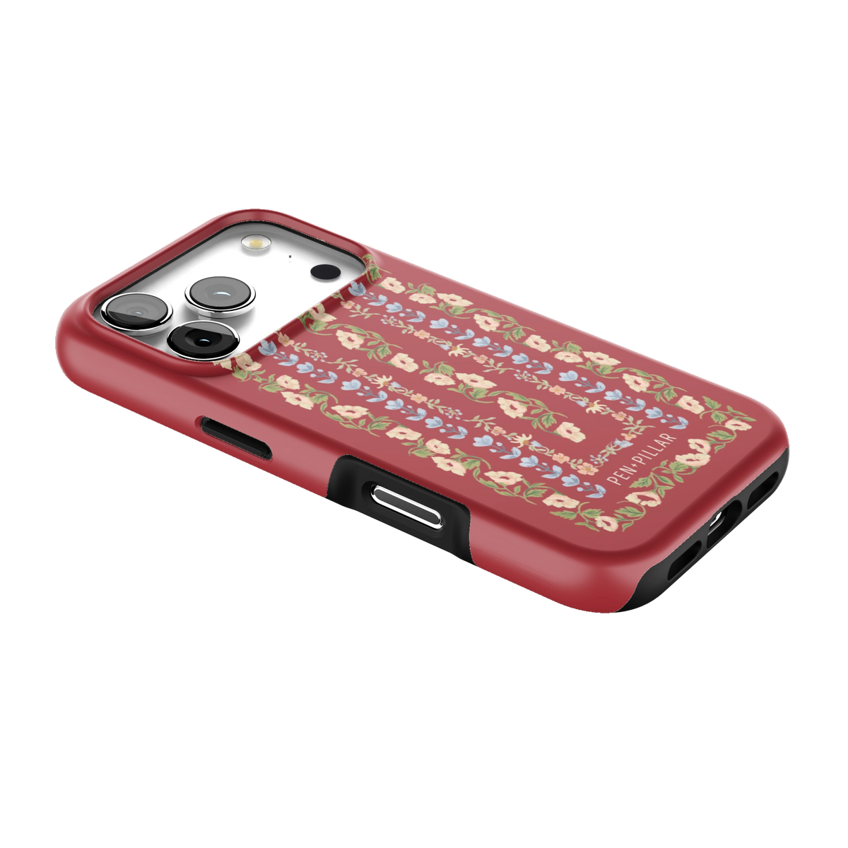 Fiona iPhone 17 Pro case lying at an angle, showing the side buttons and print wrapping the edges