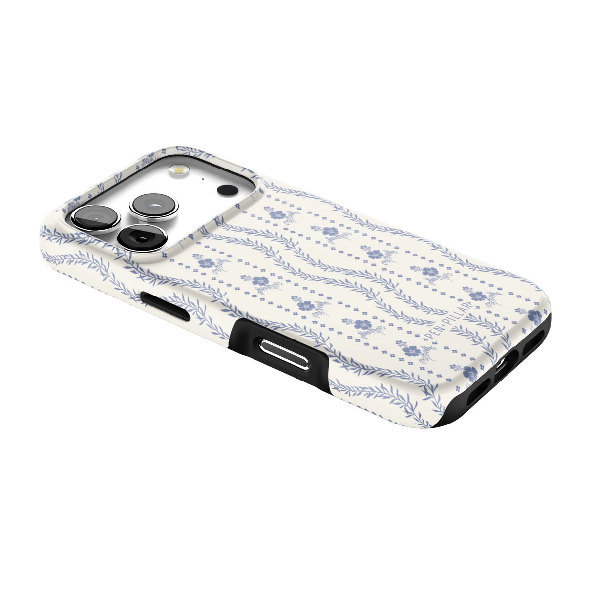 Riviera iPhone 17 Pro case lying at an angle, showing the side buttons and print wrapping the edges