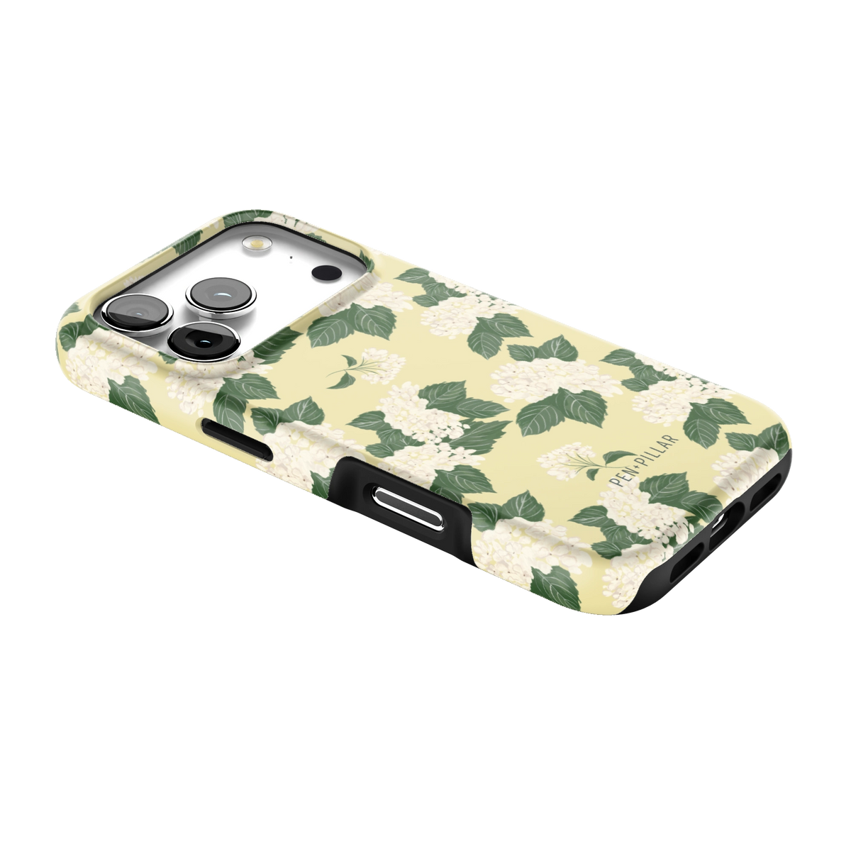 Hydrangea iPhone 17 Pro case lying at an angle, showing the side buttons and print wrapping the edges