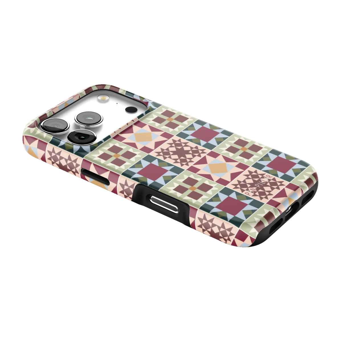 Sugarplum iPhone 17 Pro case lying at an angle, showing the side buttons and print wrapping the edges