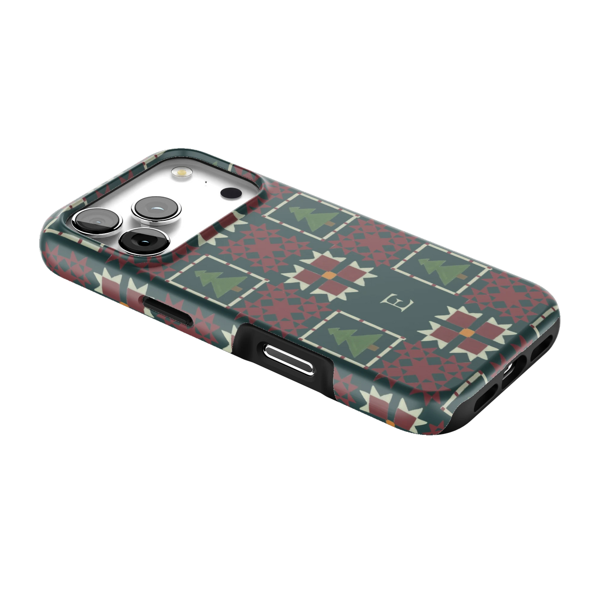 Evergreen Personalized iPhone 17 Pro case lying at an angle, showing the side buttons and print wrapping the edges