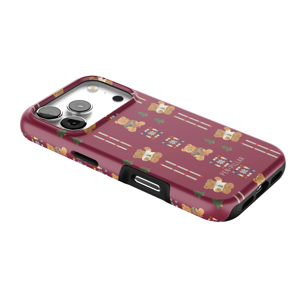 Teddy iPhone 17 Pro case lying at an angle, showing the side buttons and print wrapping the edges