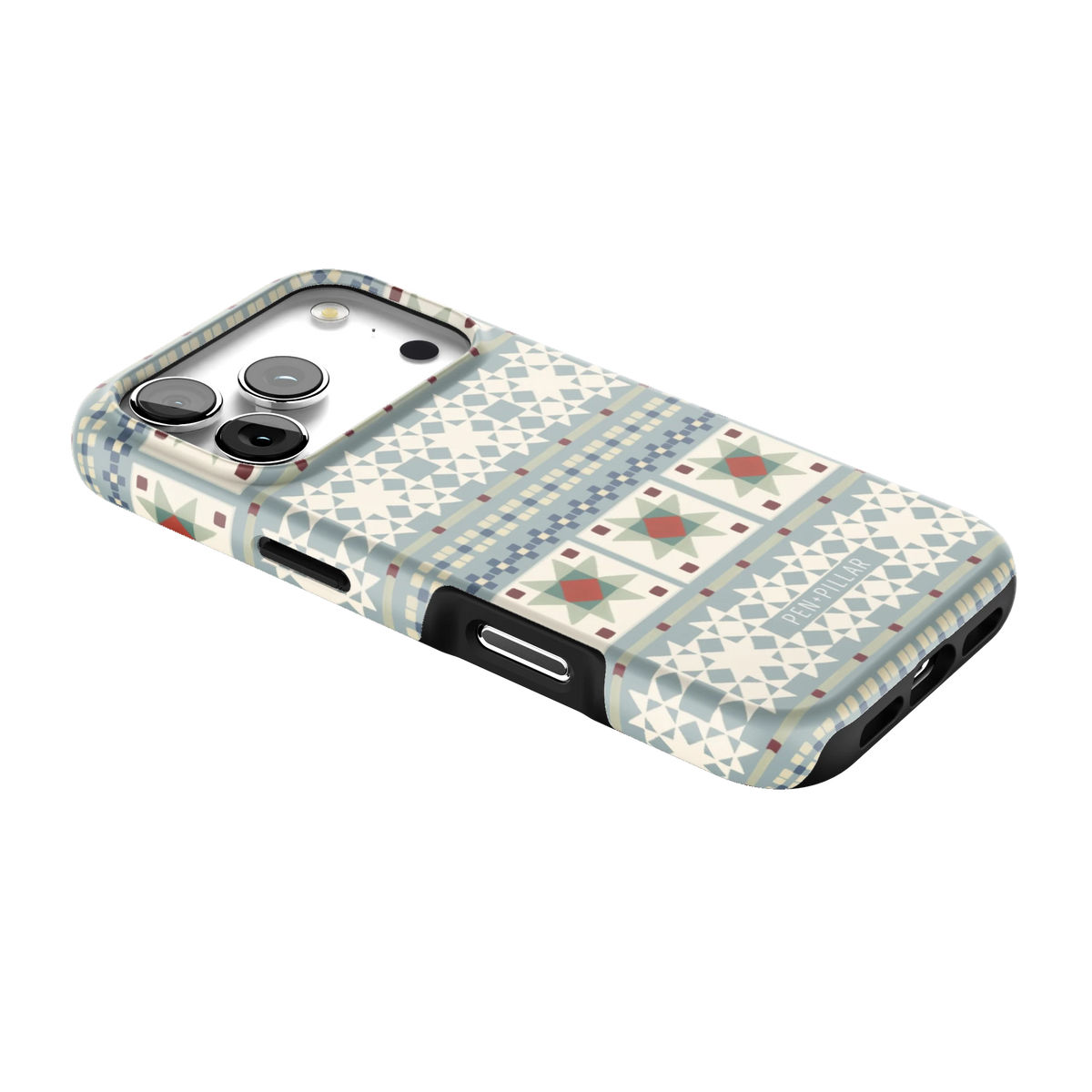 Winterberry iPhone 17 Pro case lying at an angle, showing the side buttons and print wrapping the edges