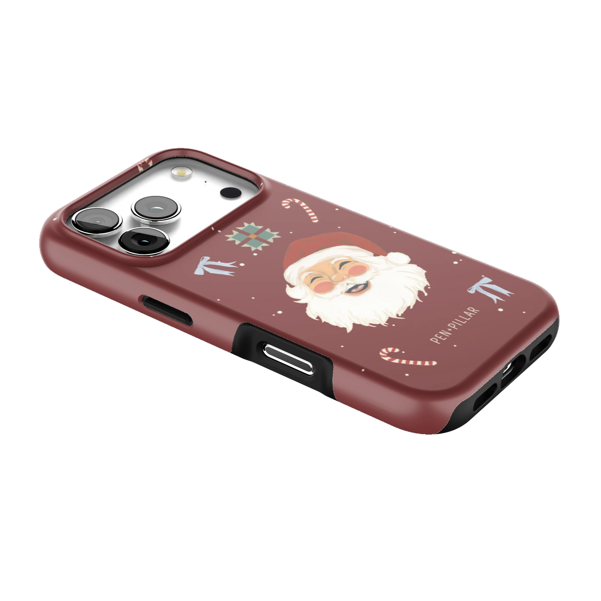 Santa iPhone 17 Pro case lying at an angle, showing the side buttons and print wrapping the edges
