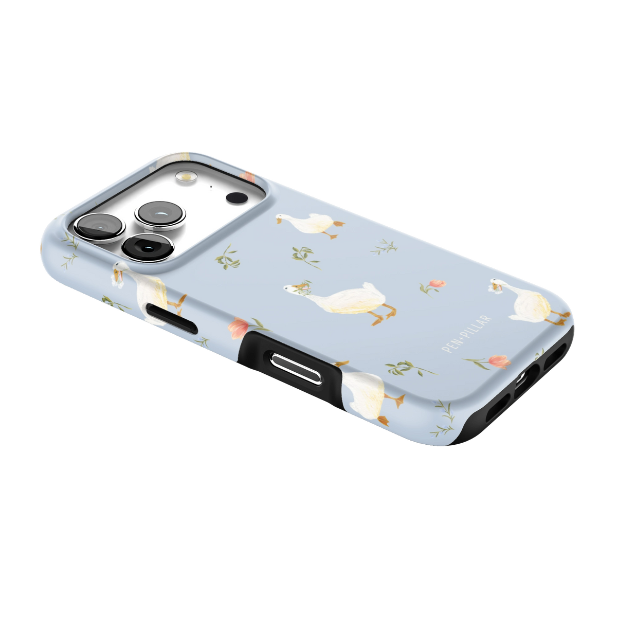 Ducks iPhone 17 Pro case lying at an angle, showing the side buttons and print wrapping the edges