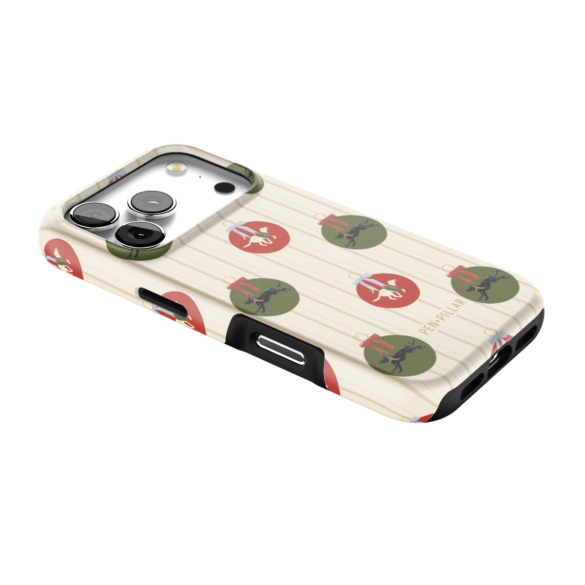 Festive Dogs iPhone 17 Pro case lying at an angle, showing the side buttons and print wrapping the edges