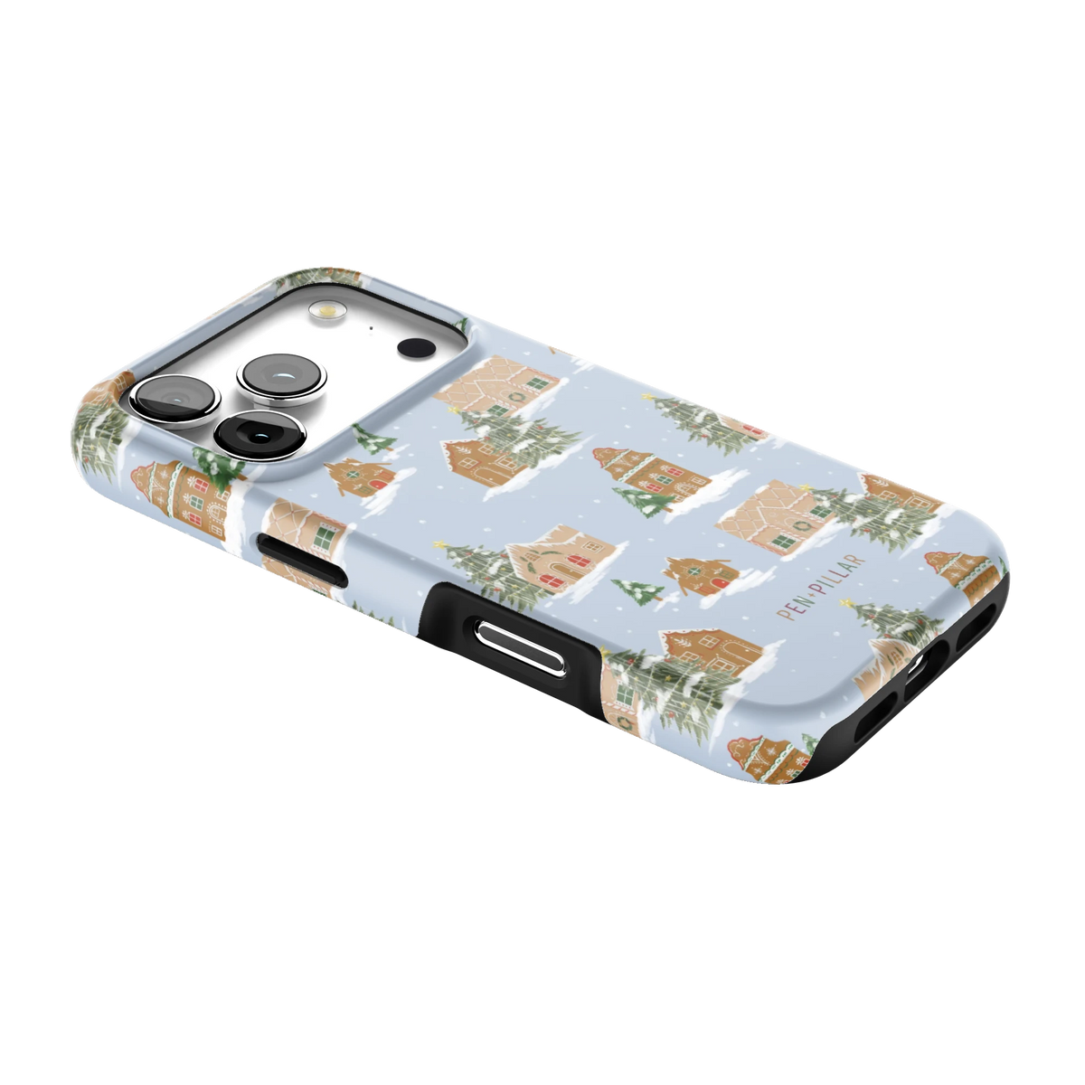 Gingerbread Village iPhone 17 Pro case lying at an angle, showing the side buttons and print wrapping the edges