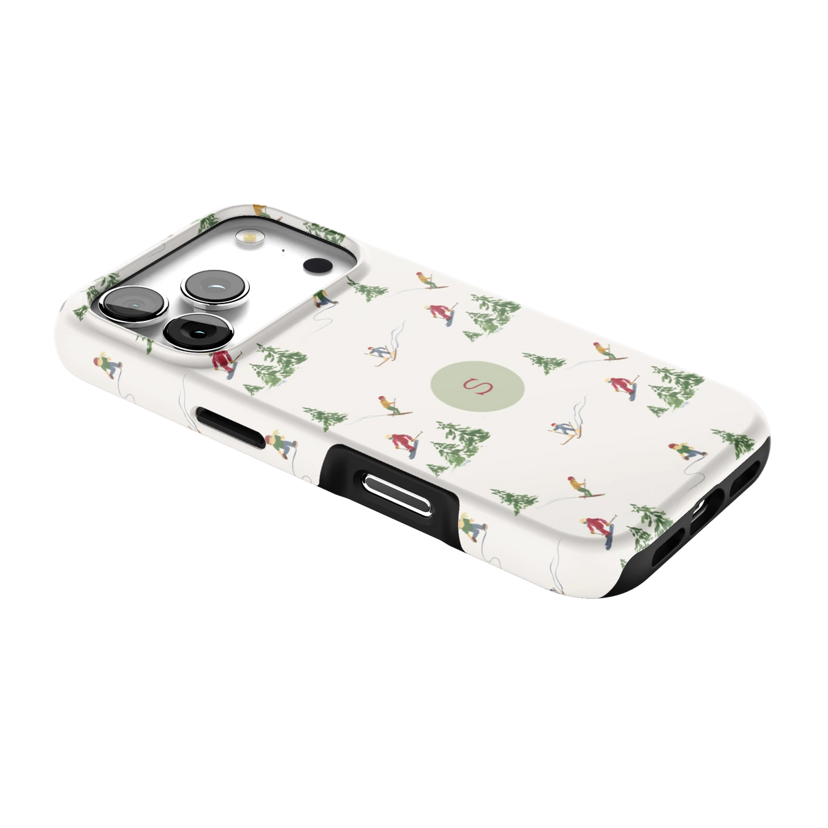 Slopes Personalized iPhone 17 Pro case lying at an angle, showing the side buttons and print wrapping the edges