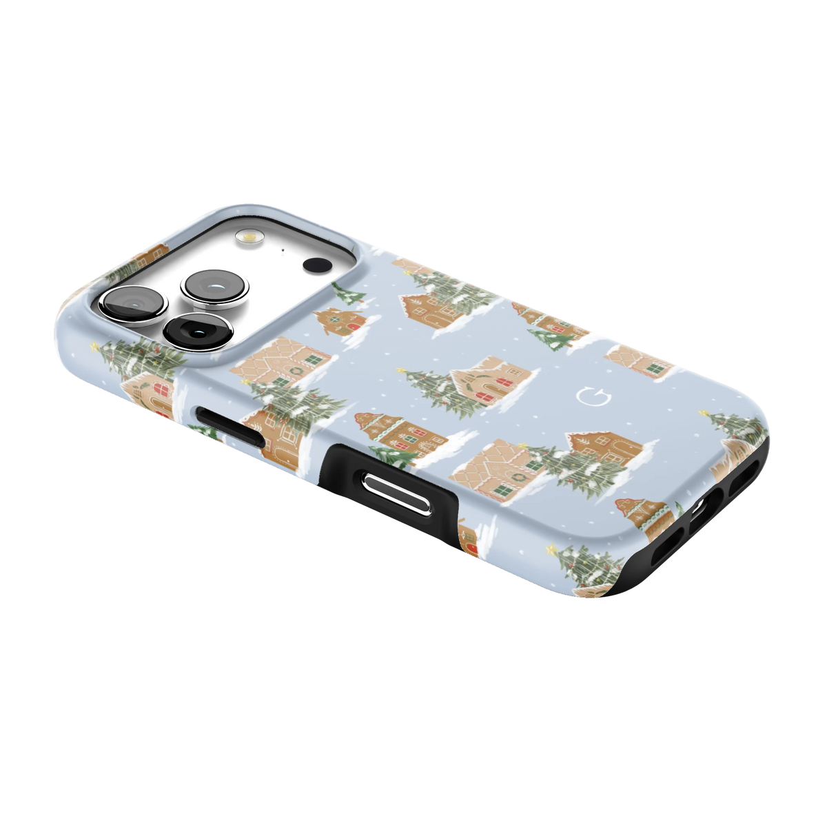 Gingerbread Village Personalized iPhone 17 Pro case lying at an angle, showing the side buttons and print wrapping the edges