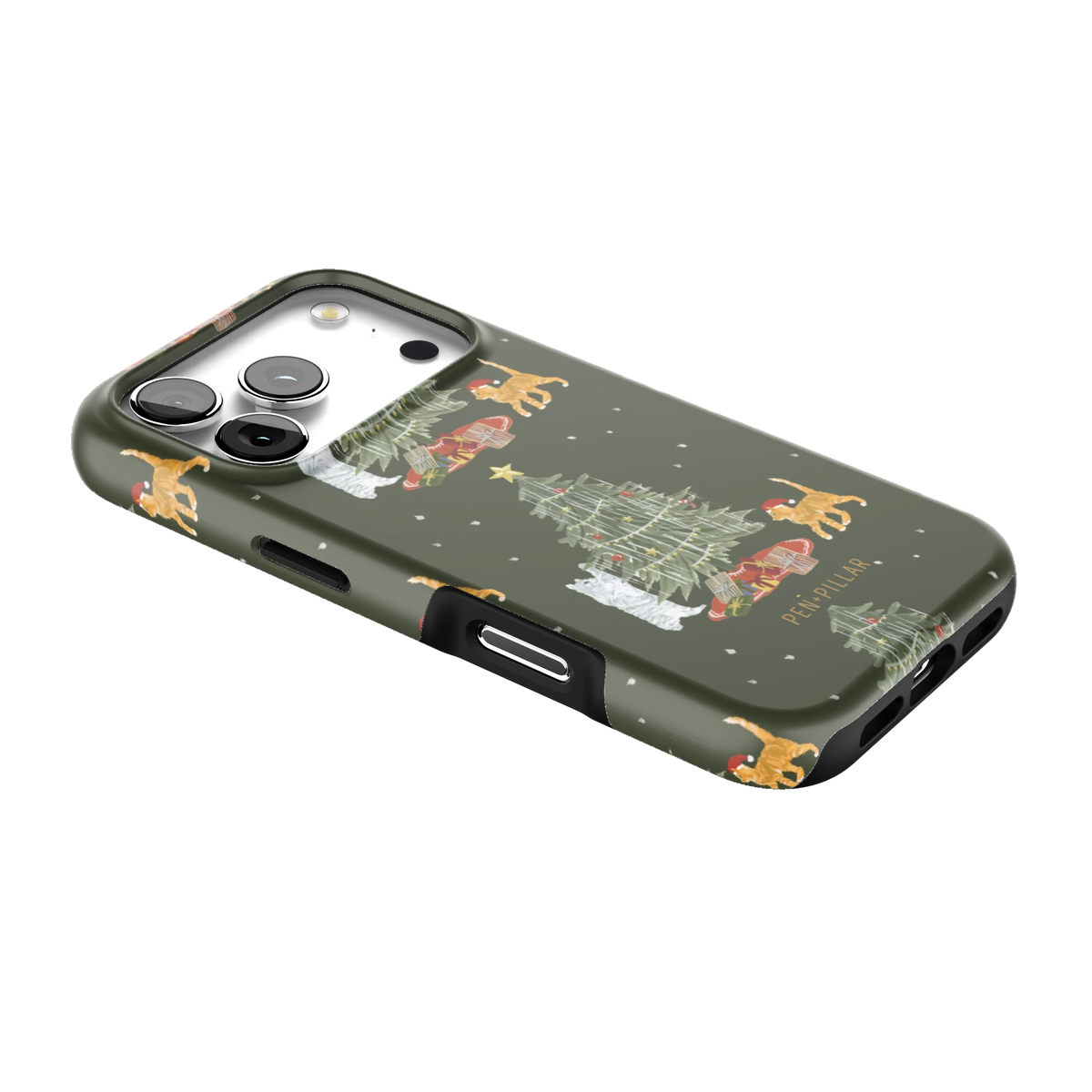Festive Cats iPhone 17 Pro case lying at an angle, showing the side buttons and print wrapping the edges