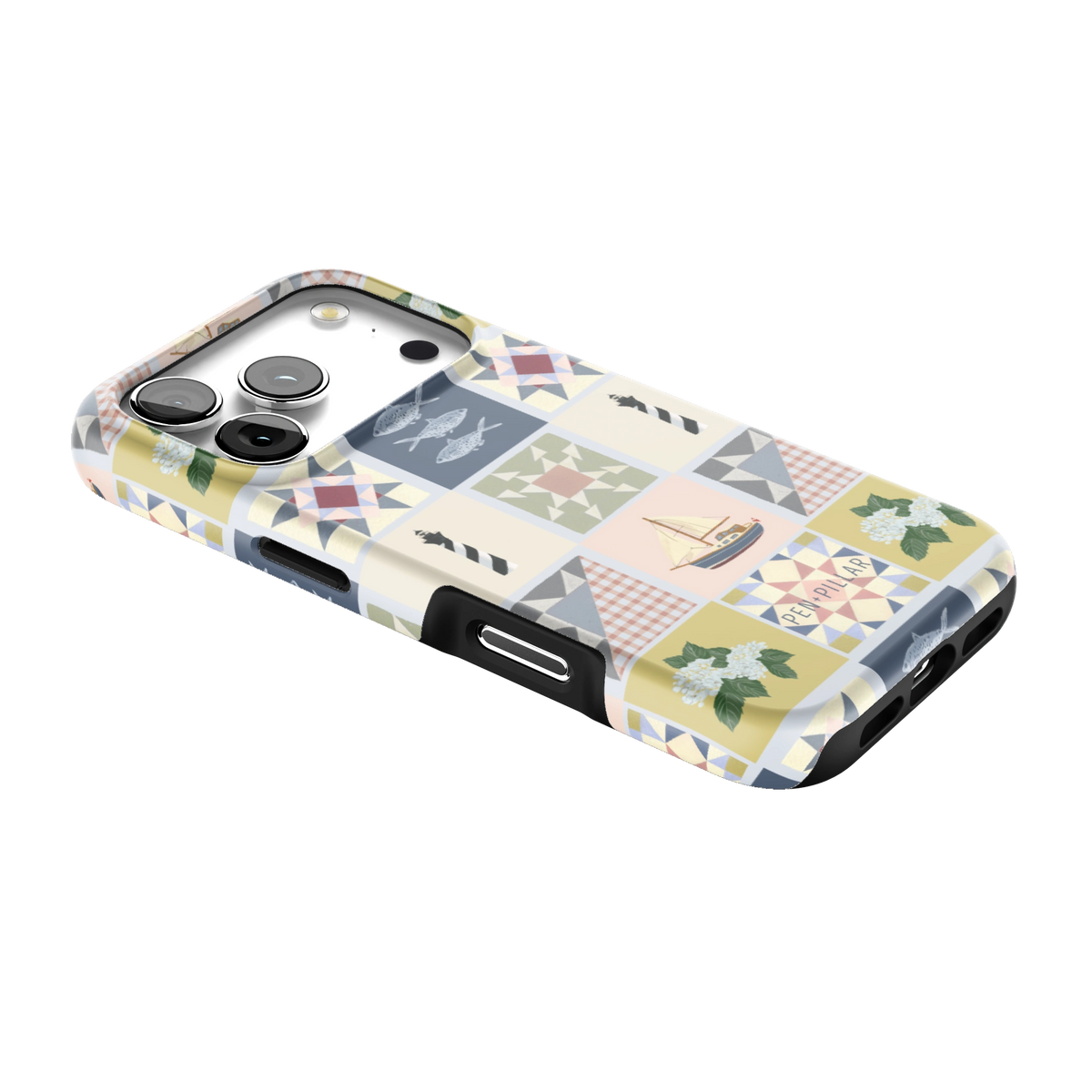 Coastal Quilt iPhone 17 Pro case lying at an angle, showing the side buttons and print wrapping the edges