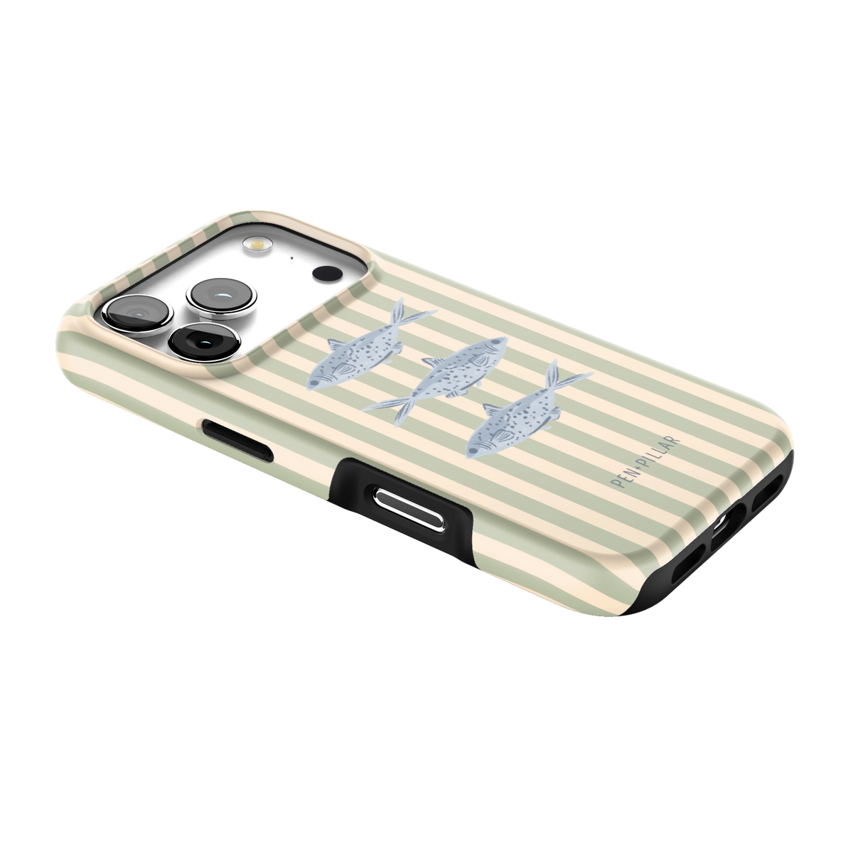 Sea Stripes iPhone 17 Pro case lying at an angle, showing the side buttons and print wrapping the edges