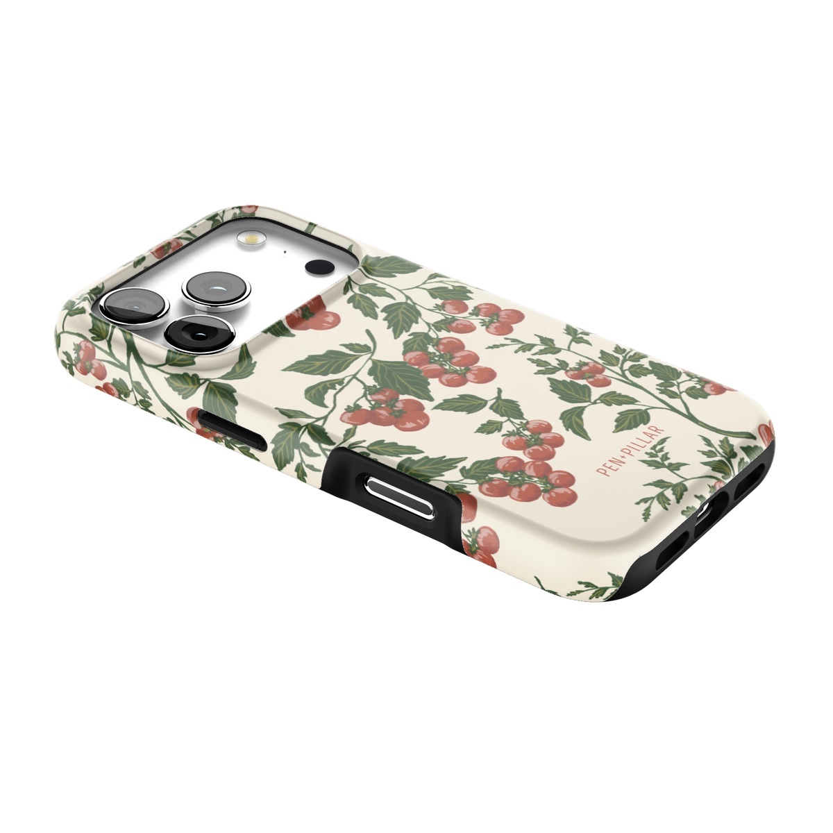 Tomato Vines iPhone 17 Pro case lying at an angle, showing the side buttons and print wrapping the edges