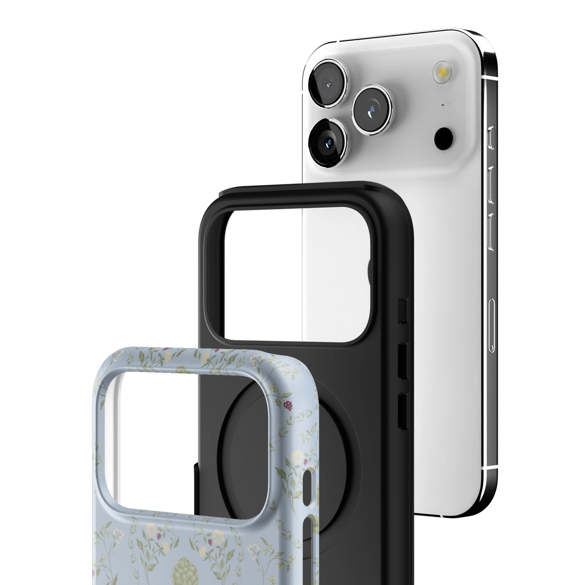 Exploded view of the Artichoke iPhone 17 Pro case: printed shell, black inner layer with MagSafe ring, and phone