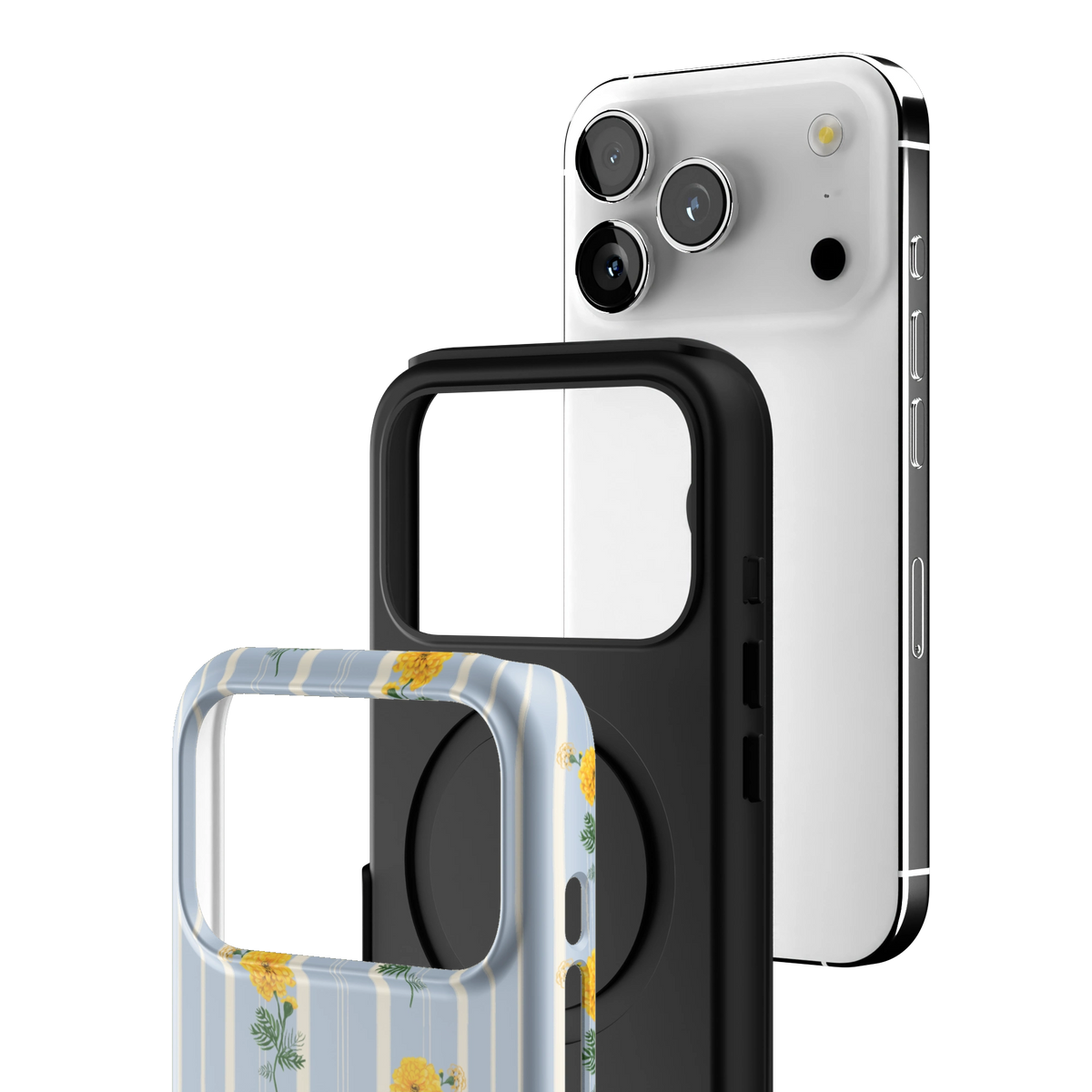 Exploded view of the October Birth Month iPhone 17 Pro case: printed shell, black inner layer with MagSafe ring, and phone