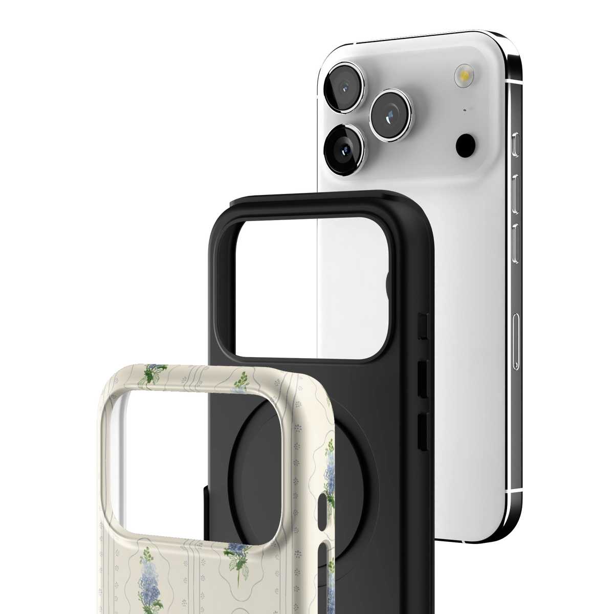 Exploded view of the July Birth Month iPhone 17 Pro case: printed shell, black inner layer with MagSafe ring, and phone