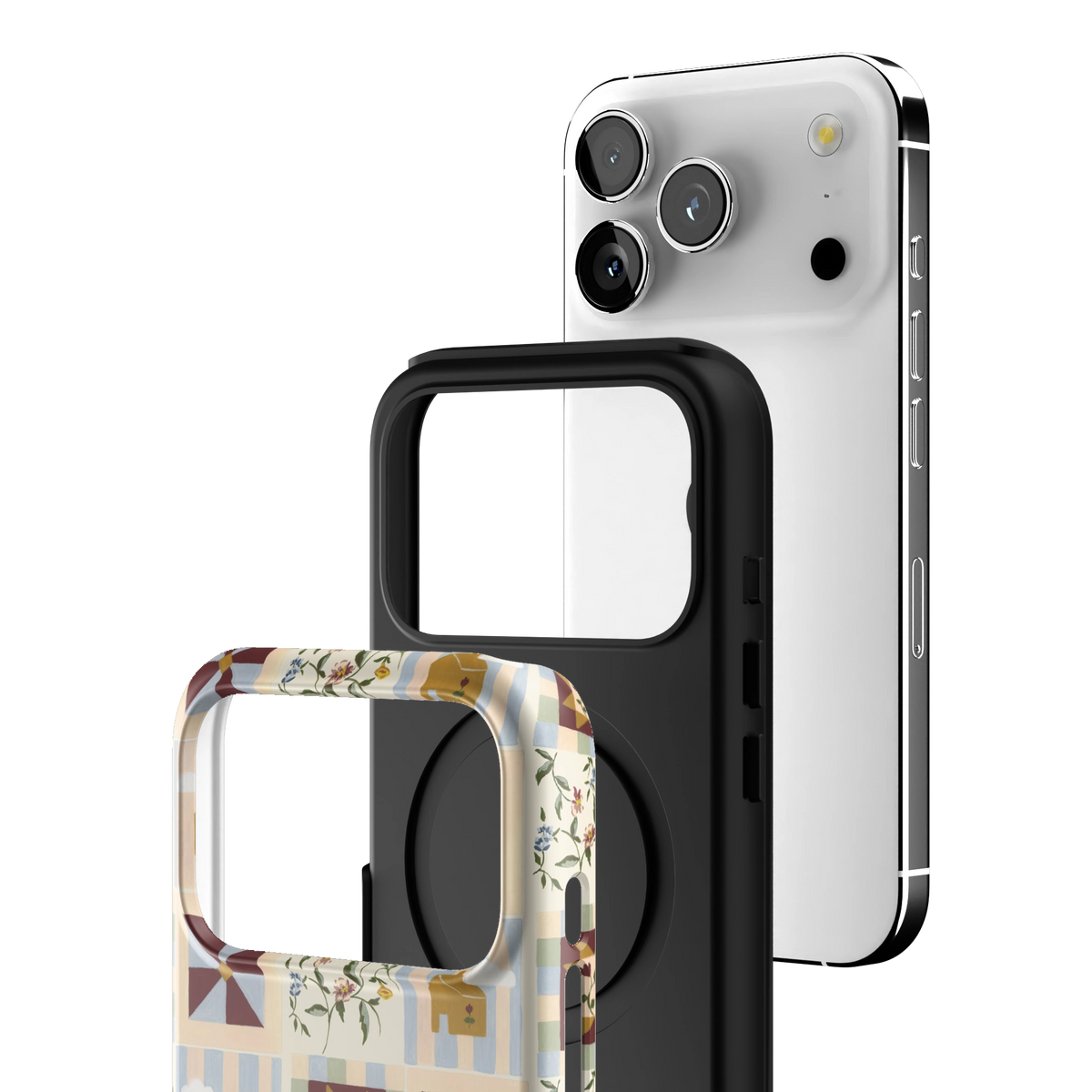 Exploded view of the Pinwheel Personalized iPhone 17 Pro case: printed shell, black inner layer with MagSafe ring, and phone