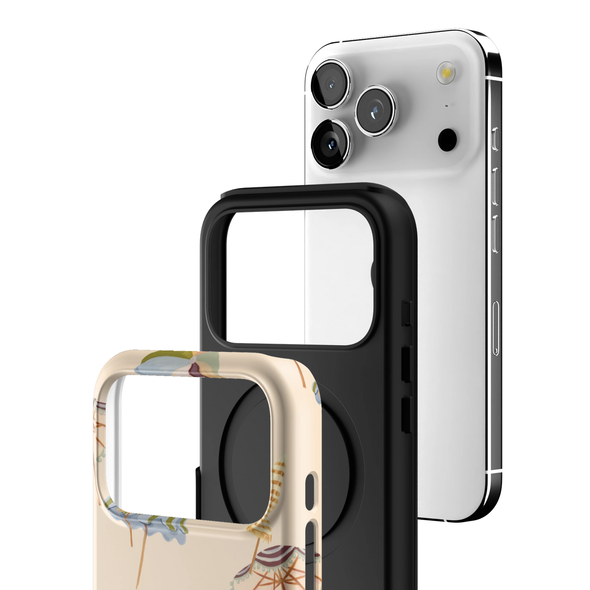 Exploded view of the Umbrellas iPhone 17 Pro case: printed shell, black inner layer with MagSafe ring, and phone