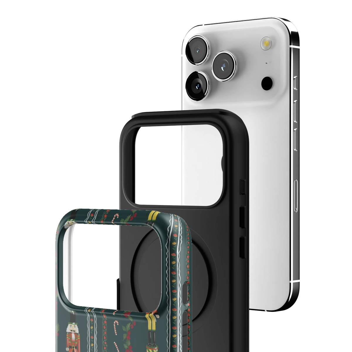 Exploded view of the Nutcracker Personalized iPhone 17 Pro case: printed shell, black inner layer with MagSafe ring, and phone
