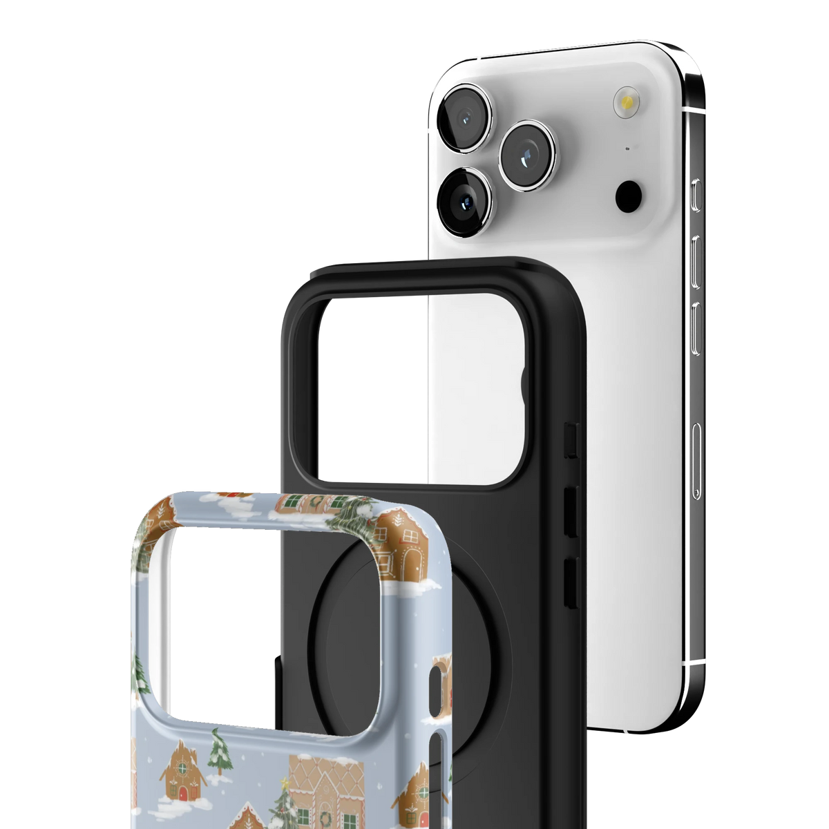 Exploded view of the Gingerbread Village iPhone 17 Pro case: printed shell, black inner layer with MagSafe ring, and phone