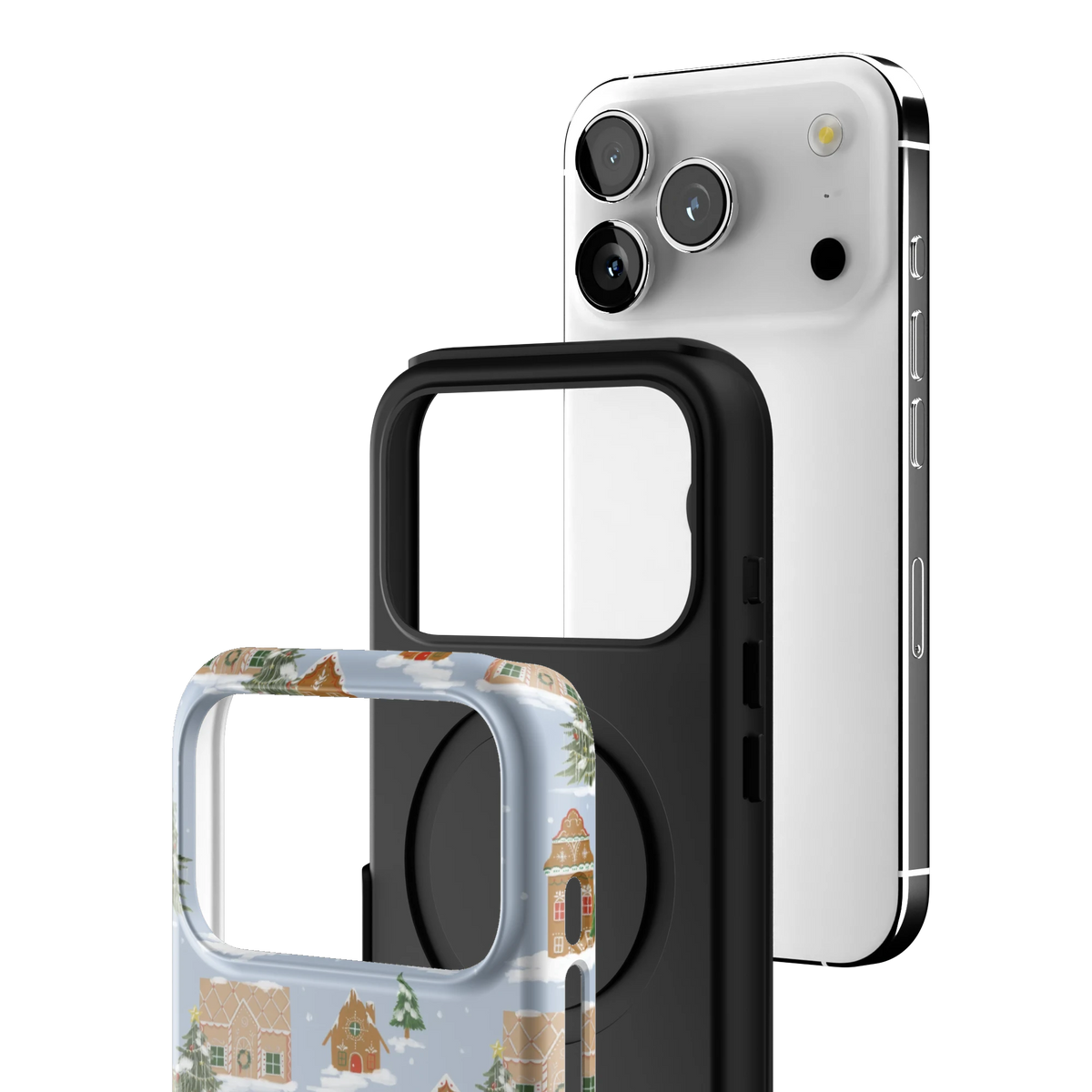 Exploded view of the Gingerbread Village Personalized iPhone 17 Pro case: printed shell, black inner layer with MagSafe ring, and phone