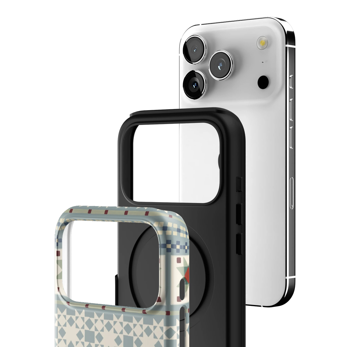 Exploded view of the Winterberry Personalized iPhone 17 Pro case: printed shell, black inner layer with MagSafe ring, and phone