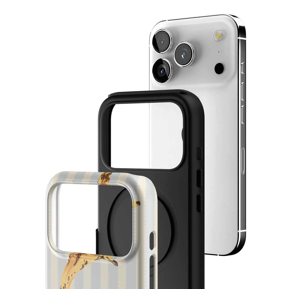 Exploded view of the Striped Bananas Personalized iPhone 17 Pro case: printed shell, black inner layer with MagSafe ring, and phone