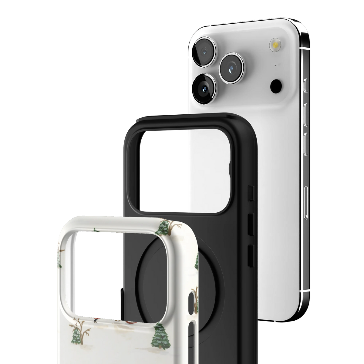 Exploded view of the Winter Village iPhone 17 Pro case: printed shell, black inner layer with MagSafe ring, and phone