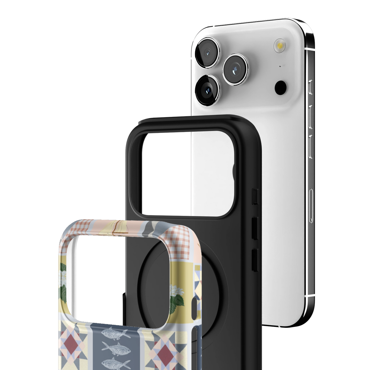 Exploded view of the Coastal Quilt iPhone 17 Pro case: printed shell, black inner layer with MagSafe ring, and phone