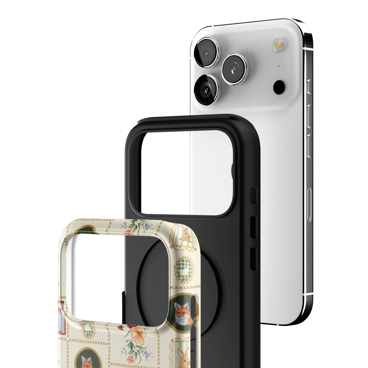 Exploded view of the Sampler Personalized iPhone 17 Pro case: printed shell, black inner layer with MagSafe ring, and phone
