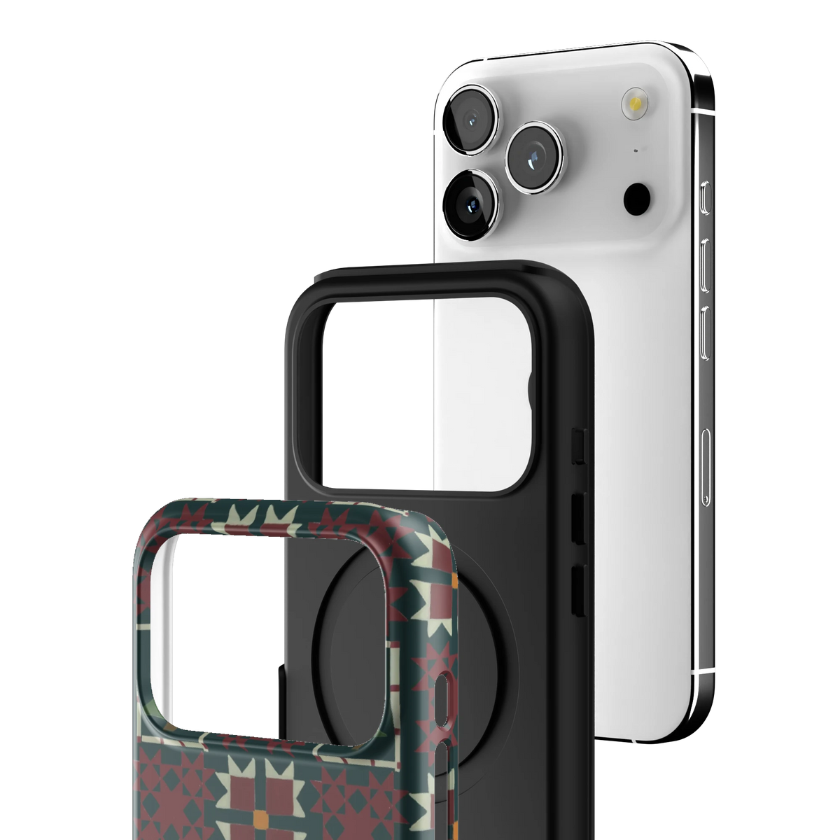 Exploded view of the Evergreen iPhone 17 Pro case: printed shell, black inner layer with MagSafe ring, and phone