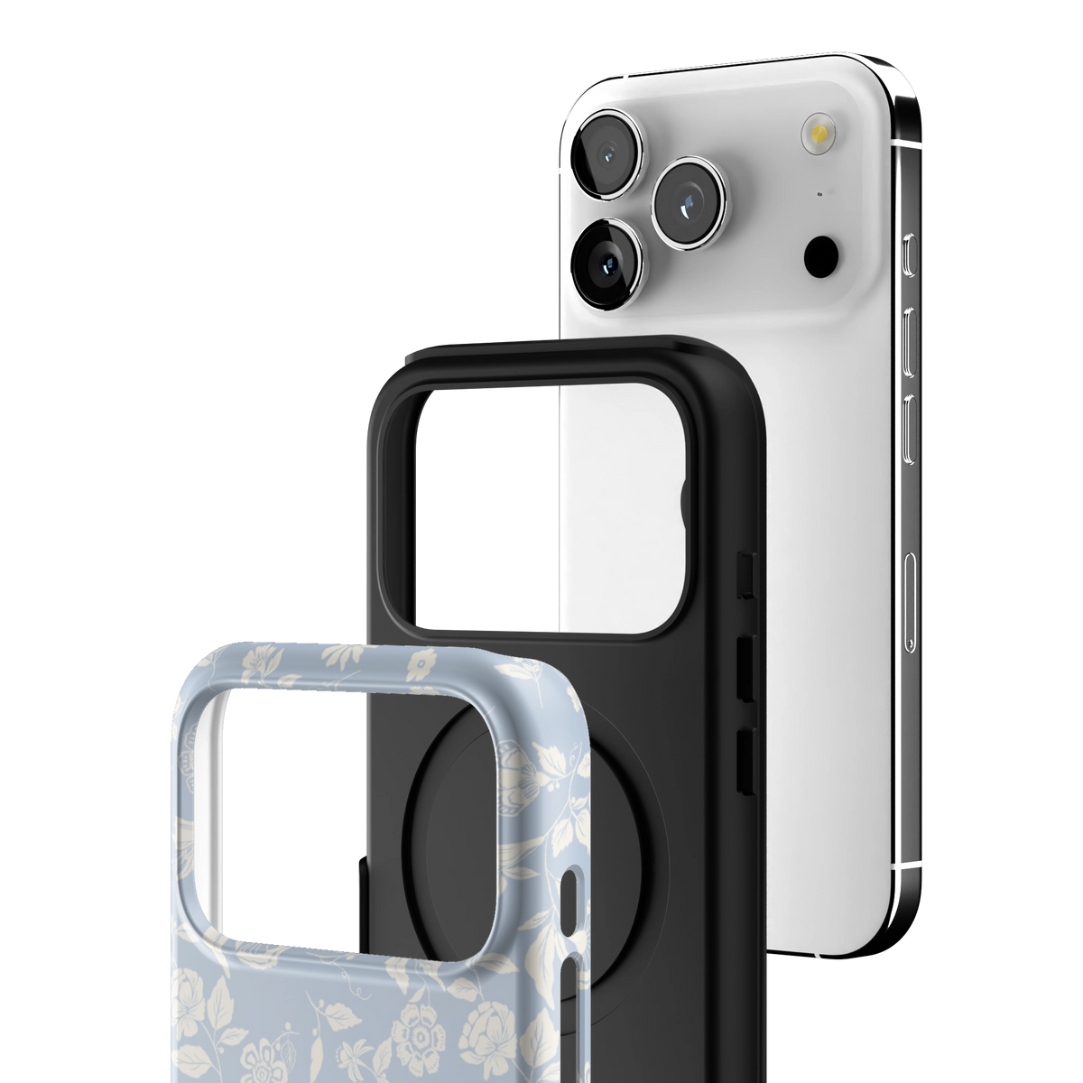 Exploded view of the Spritz iPhone 17 Pro case: printed shell, black inner layer with MagSafe ring, and phone