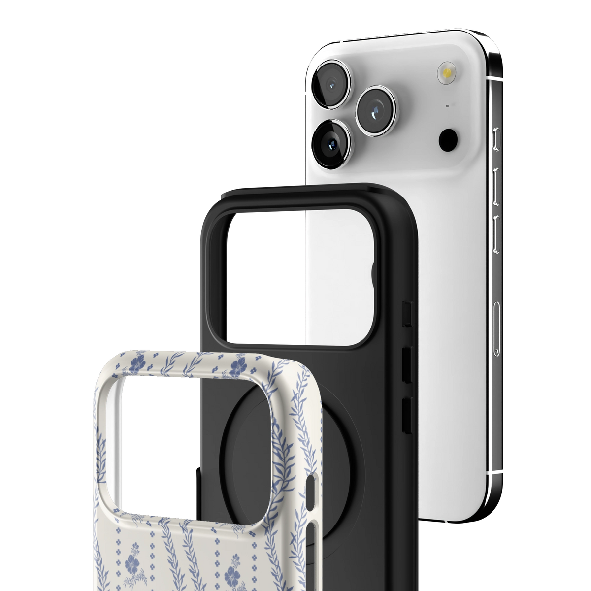 Exploded view of the Riviera iPhone 17 Pro case: printed shell, black inner layer with MagSafe ring, and phone