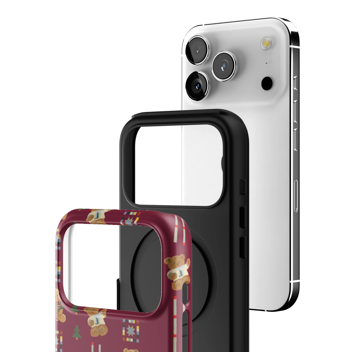 Exploded view of the Teddy Personalized iPhone 17 Pro case: printed shell, black inner layer with MagSafe ring, and phone